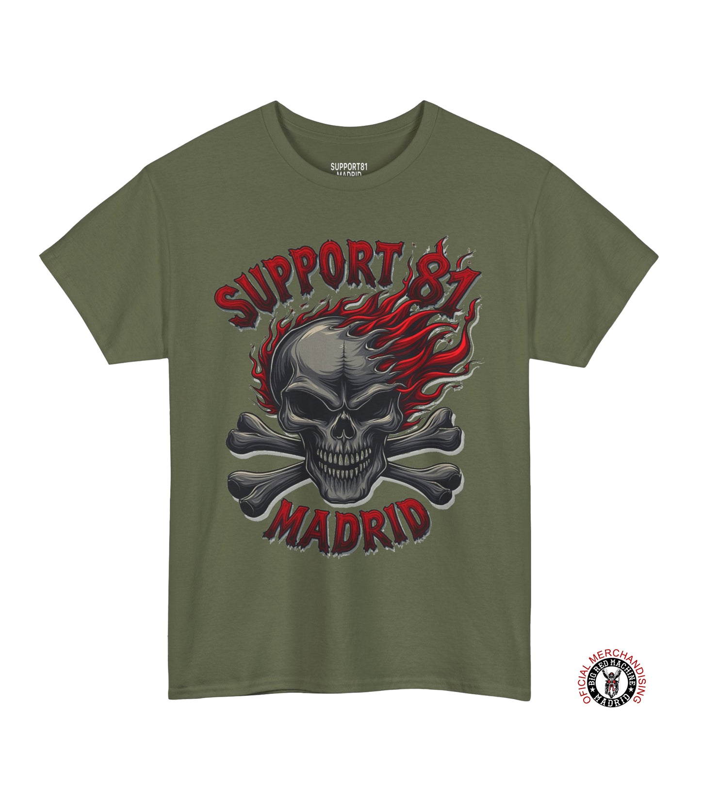 Military Green Support 81 Madrid Flaming Skull T-Shirt for men
