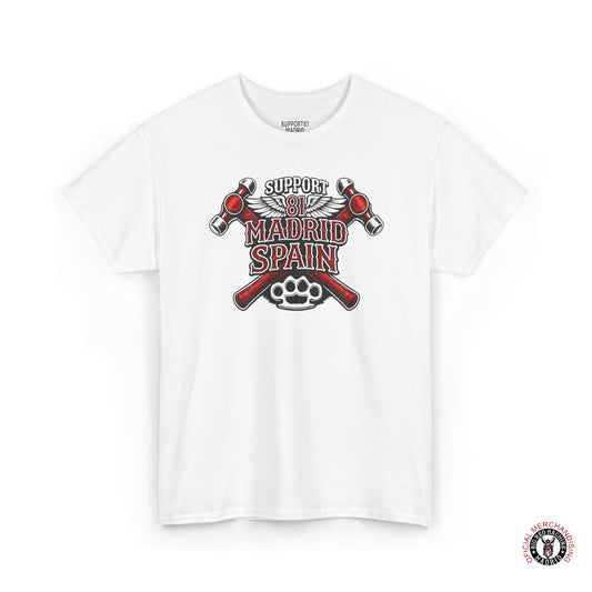 White support 81 madrid spain biker t-Shirt graphic tee hammer design front view shown