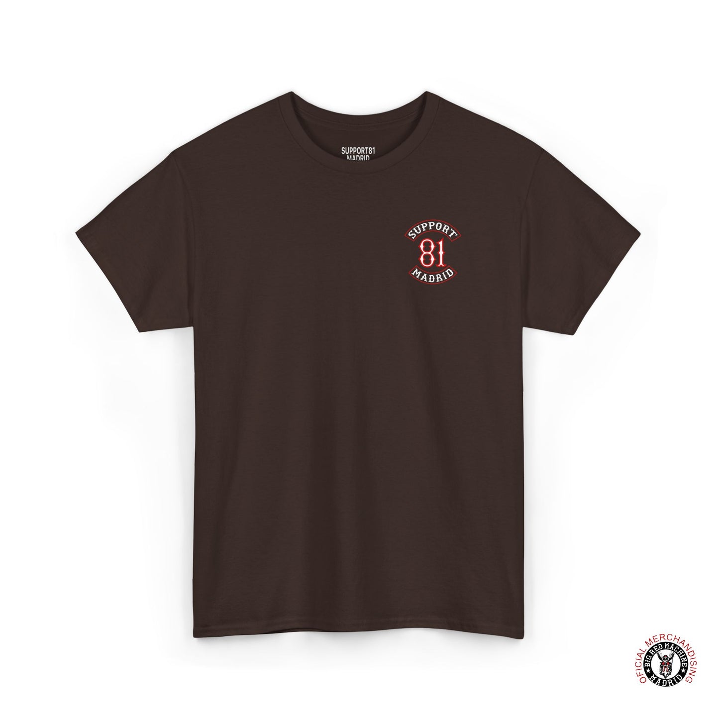 Brown Chest Support 81 Madrid Patch Work T-Shirt Red And White Motorcycle Tee