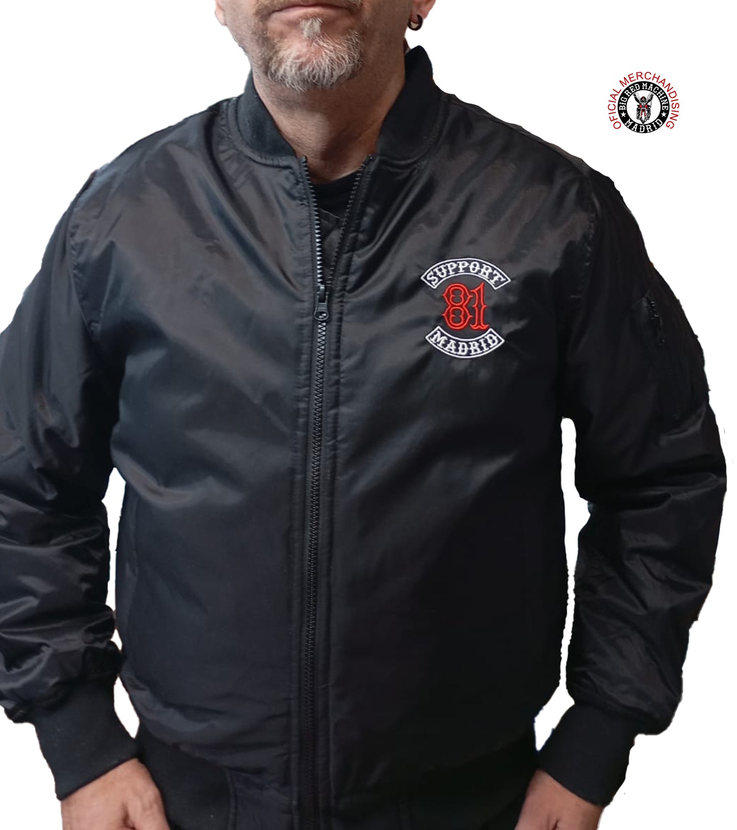 Black winter jacket embroidered in red and white with Support 81 patch on left chest