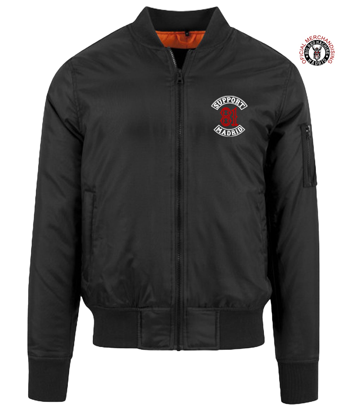 Chaqueta bomber de invierno con bordado de Patch Support 81 en rojo y blanco