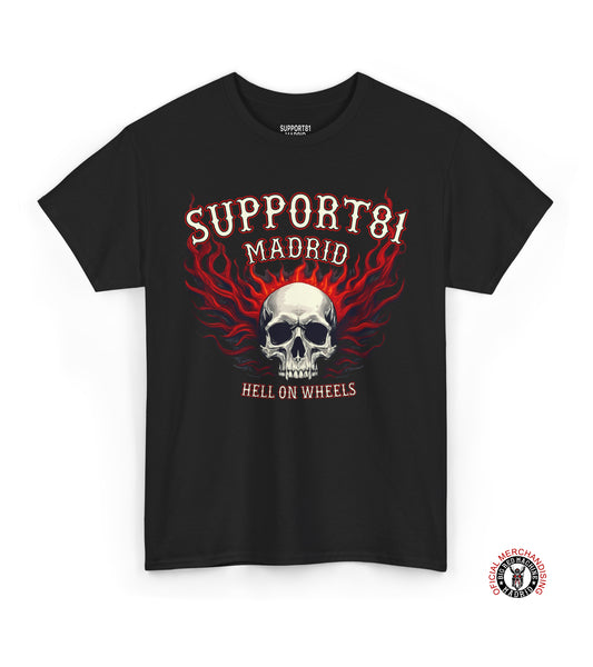 Support81 black t-shirt with red and white skull print on chest.