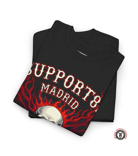 Support 81 Madrid Hell On Wheels T-Shirt | Flaming Skull Biker Graphic Tee | Motorcycle Club Shirt Support 81