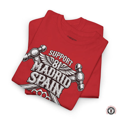 Red support 81 madrid spain biker t-Shirt graphic tee hammer design folded view shown