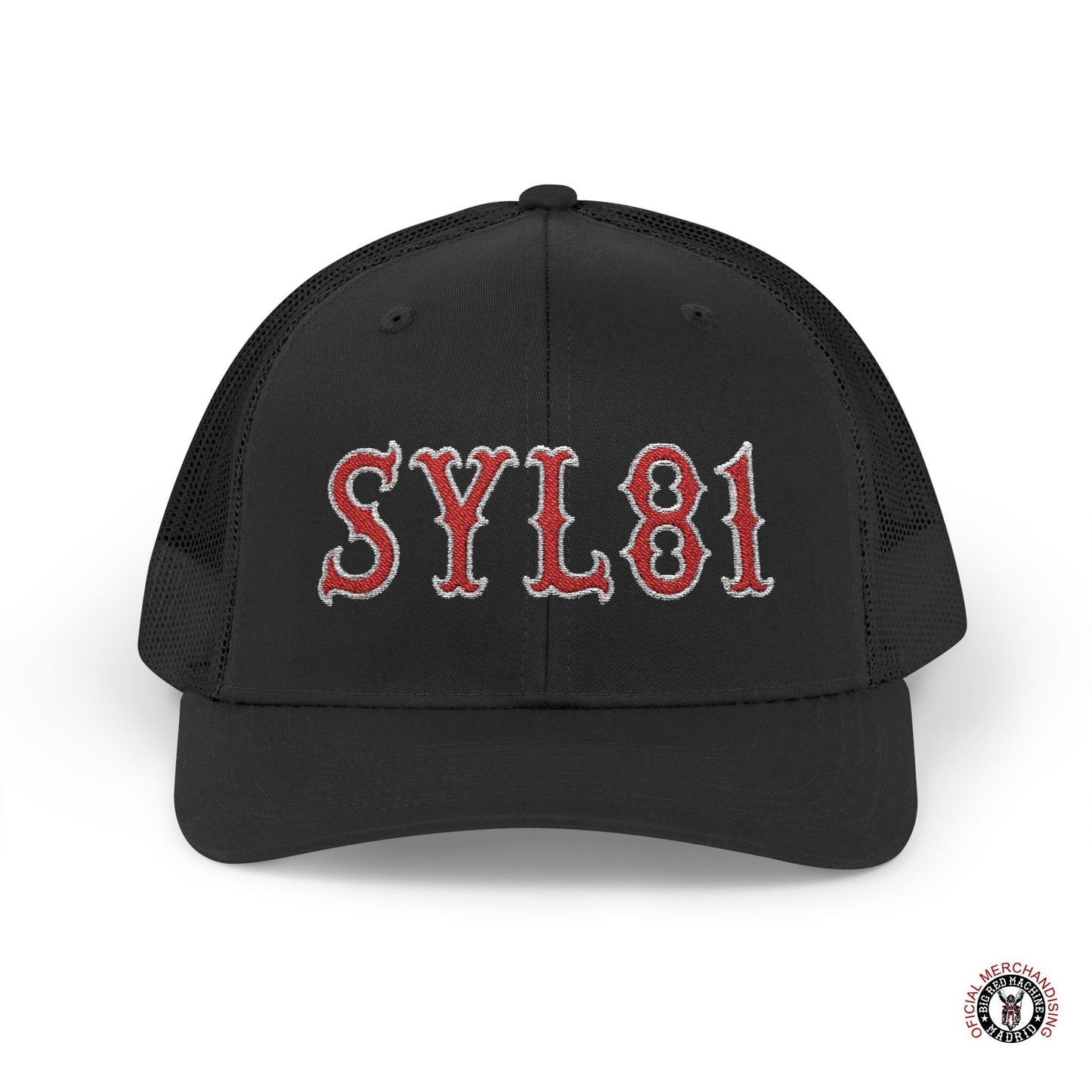 SYL81 Embroidered Letters Snapback Trucker Cap Red With White Outline Support81