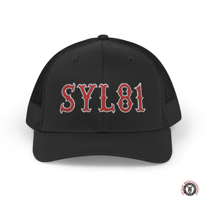 SYL81 Embroidered Letters Snapback Trucker Cap Red With White Outline Support81