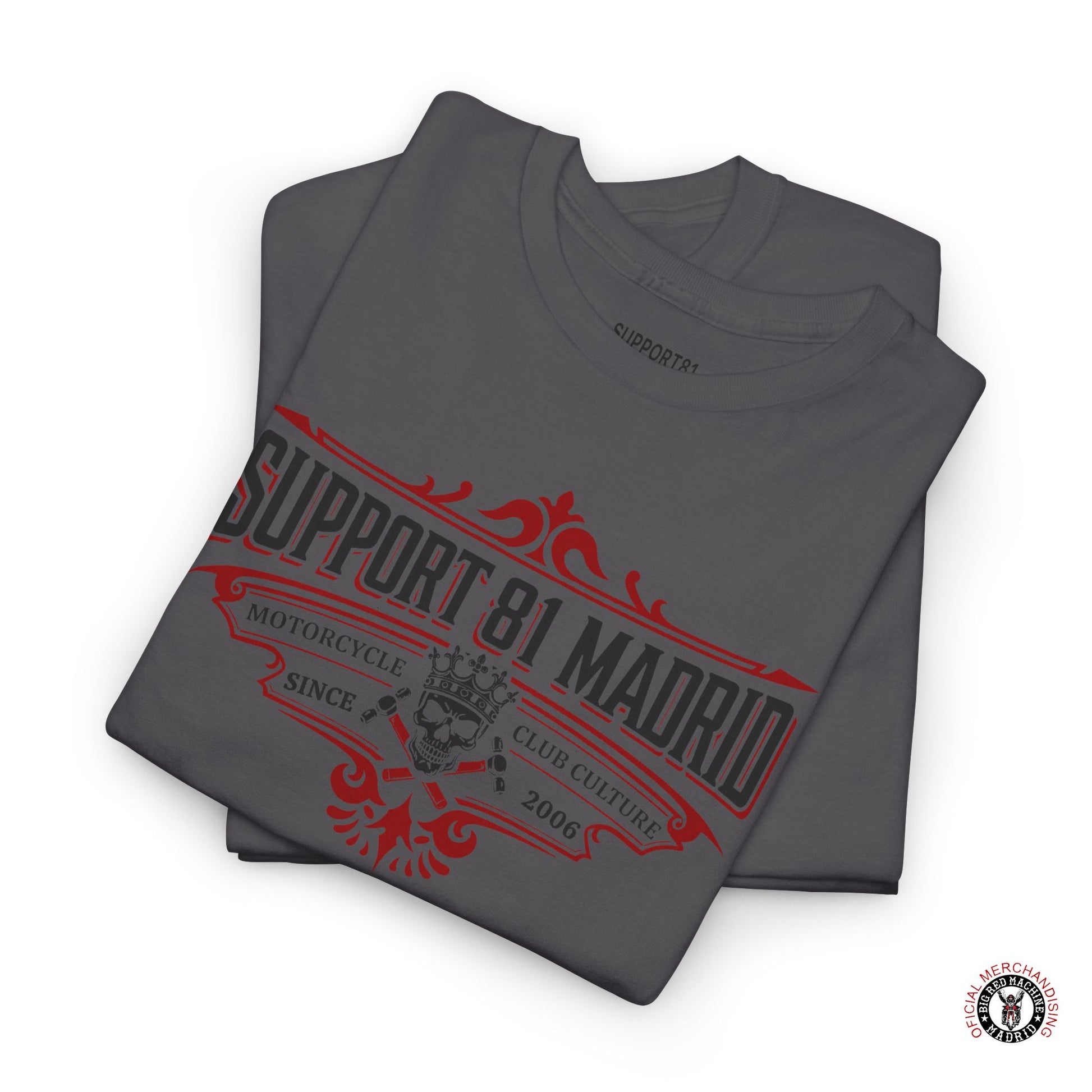 Grey Folded Support 81 Motorcycle Club Culture T-Shirt - Black And Red Graphic