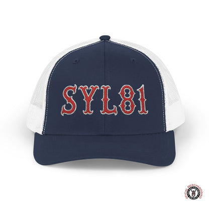 SYL81 Embroidered Letters Snapback Trucker Cap Red With White Outline Support81