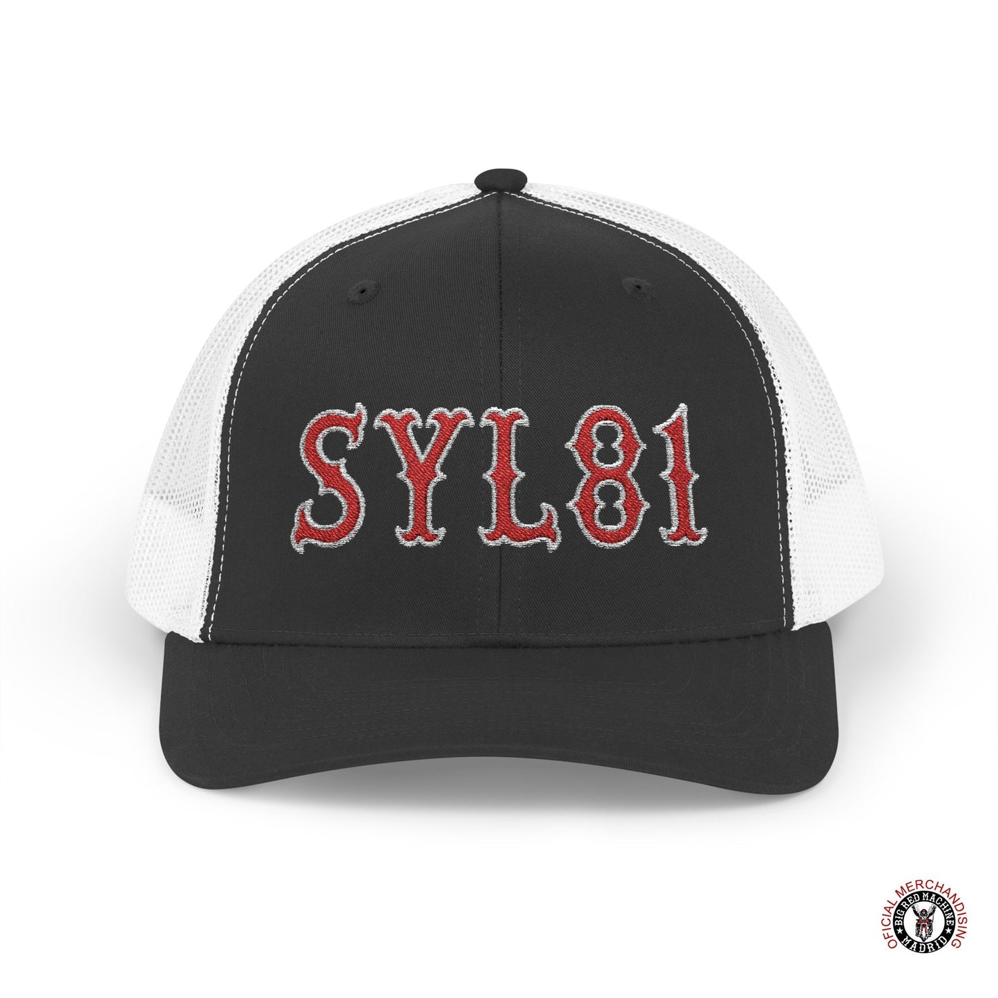 SYL81 Embroidered Letters Snapback Trucker Cap Red With White Outline Support81