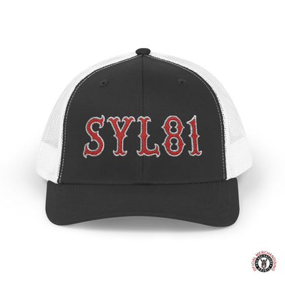 SYL81 Embroidered Letters Snapback Trucker Cap Red With White Outline Support81