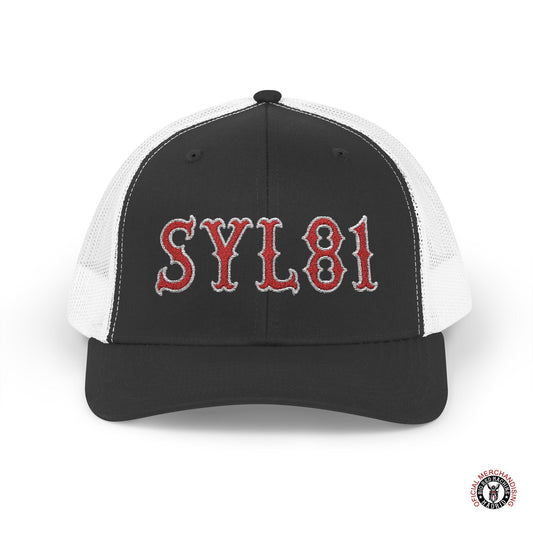 SYL81 Embroidered Letters Snapback Trucker Cap Red With White Outline Support81