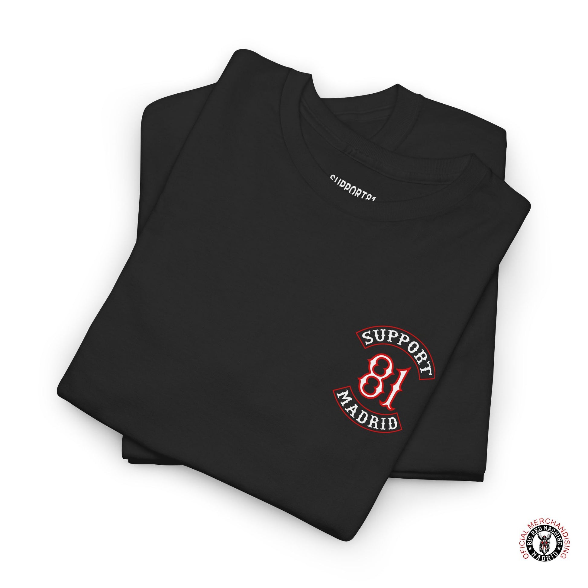 Black ChestSupport 81 Madrid Patch Work T-Shirt Red And White Motorcycle Tee