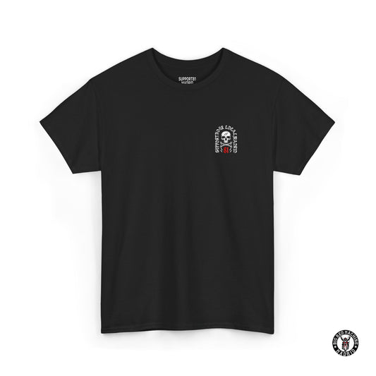 Black Front Support 81 Skull And Crossbones T-Shirt - Red And White Graphic Motorcycle Tee