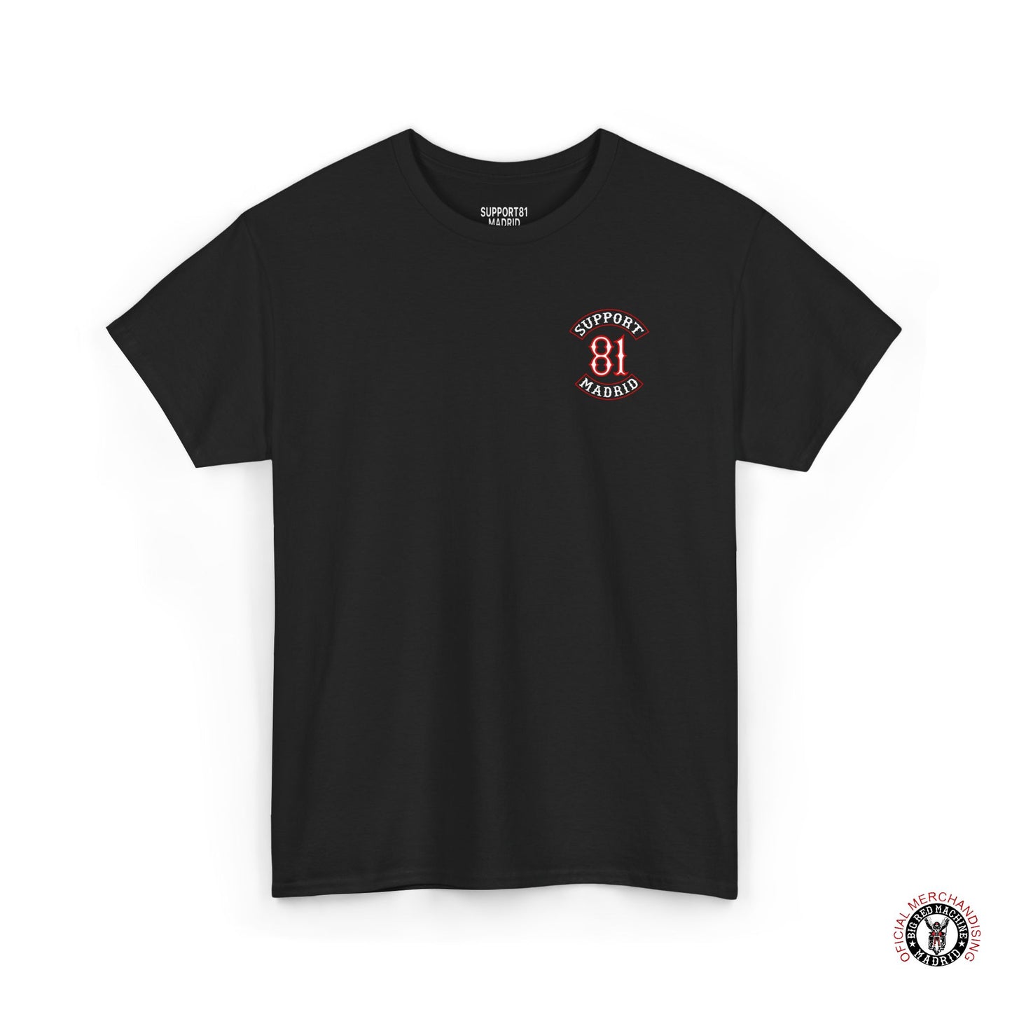 Black Chest Support 81 Madrid Patch Work T-Shirt Red And White Motorcycle Tee