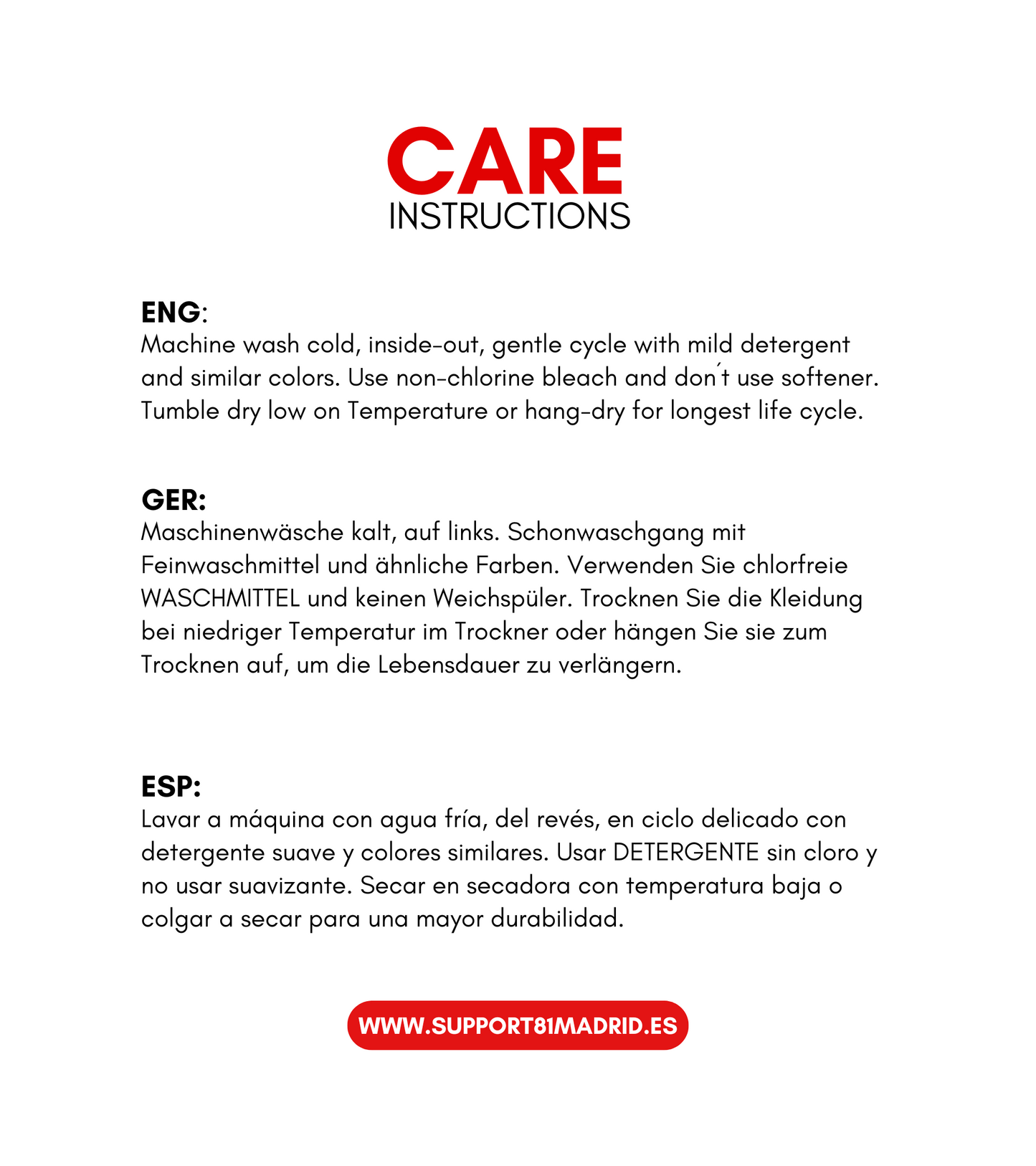 Care Instructions Support 81 Madrid T-Shirt White Vintage Graphic Tee - Casual Streetwear Clothing