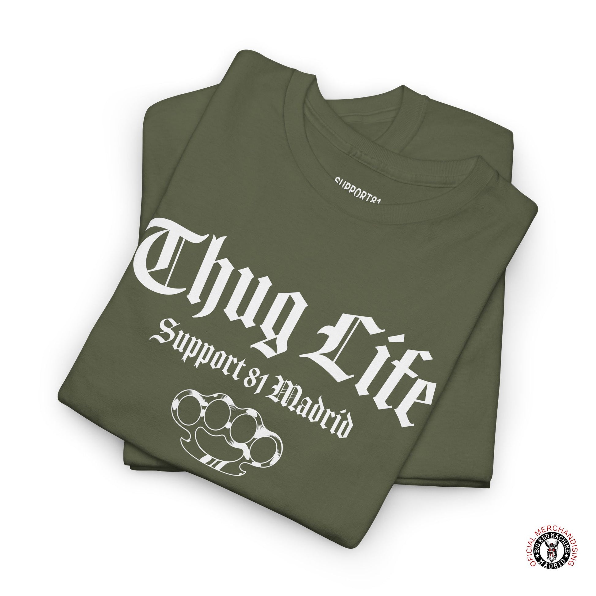 Military Green Folded T-Shirt Support 81 Madrid "Th_g Life" Streetwear Motorcycle Tee