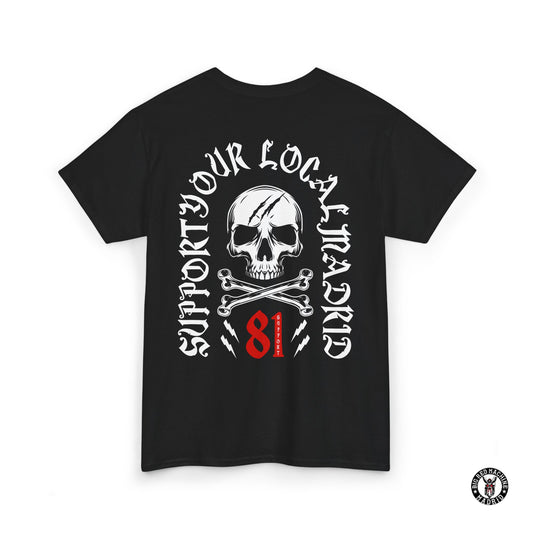 Black Back Support 81 Skull And Crossbones T-Shirt - Red And White Graphic Motorcycle Tee
