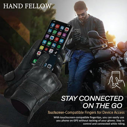 Hand Fellow - Guantes de piel para motocicleta, compatibles con pantalla táctil, con protección de nudillos