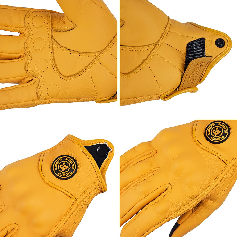 mjmoto Guantes de Moto Clásicos Amarillos de Piel de Cabra con Agujero, para Verano, Ciclismo, Equitación, Guantes Protectores para Motociclistas (Yellow, L)