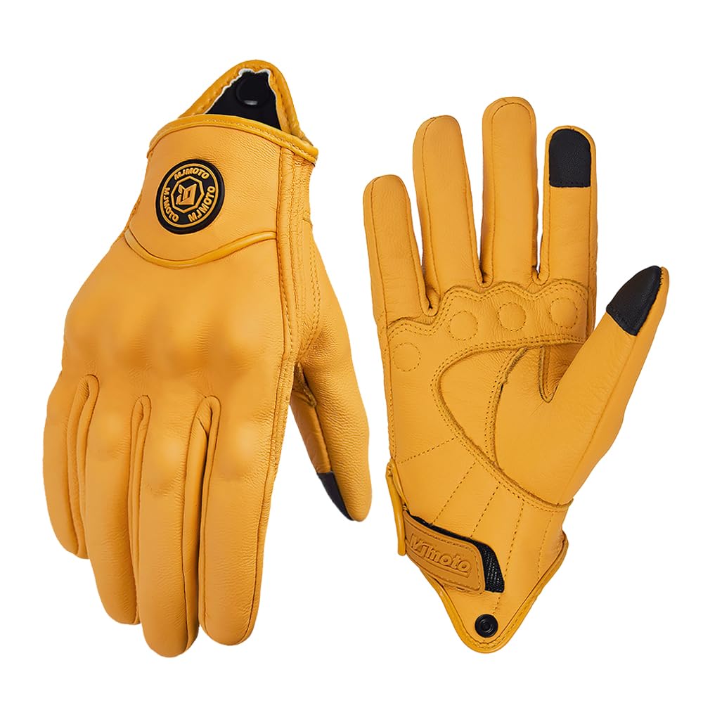 mjmoto Guantes de Moto Clásicos Amarillos de Piel de Cabra con Agujero, para Verano, Ciclismo, Equitación, Guantes Protectores para Motociclistas (Yellow, L)