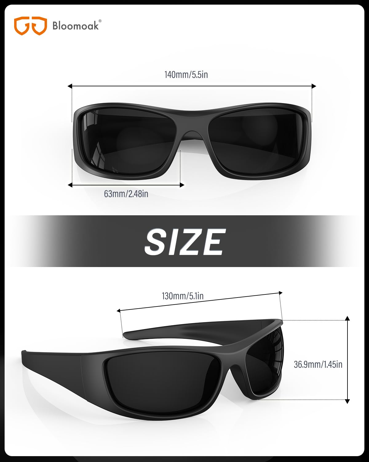 Bloomoak Gafas de sol polarizadas negras con lentes súper oscuras | Gafas de sol deportivas envolventes unisex | UV400 | CAT 4 | Para fotofobia (ojos sensibles)