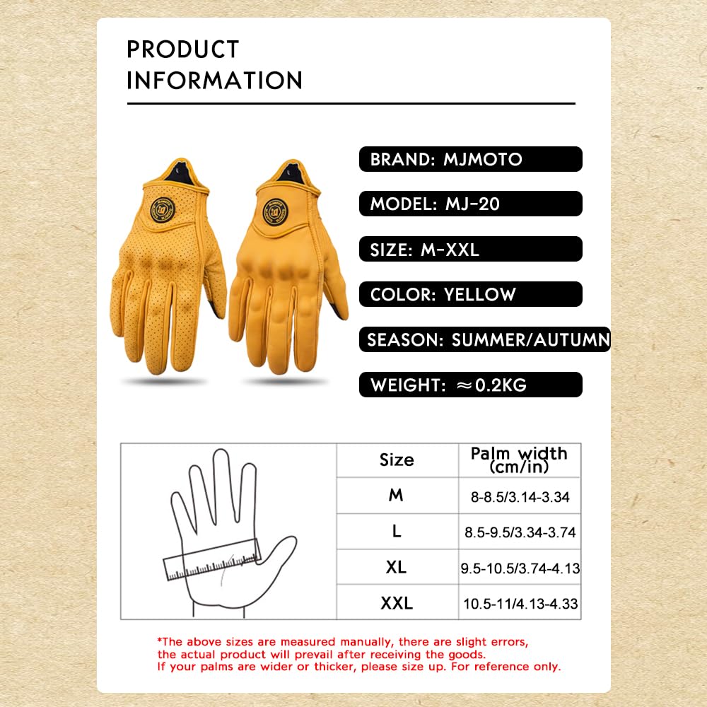 mjmoto Guantes de Moto Clásicos Amarillos de Piel de Cabra con Agujero, para Verano, Ciclismo, Equitación, Guantes Protectores para Motociclistas (Yellow, L)