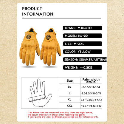 mjmoto Guantes de Moto Clásicos Amarillos de Piel de Cabra con Agujero, para Verano, Ciclismo, Equitación, Guantes Protectores para Motociclistas (Yellow, L)