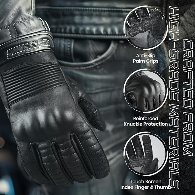 Hand Fellow - Guantes de piel para motocicleta, compatibles con pantalla táctil, con protección de nudillos