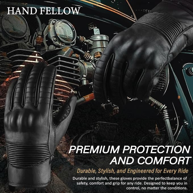 Hand Fellow - Guantes de piel para motocicleta, compatibles con pantalla táctil, con protección de nudillos