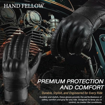 Hand Fellow - Guantes de piel para motocicleta, compatibles con pantalla táctil, con protección de nudillos