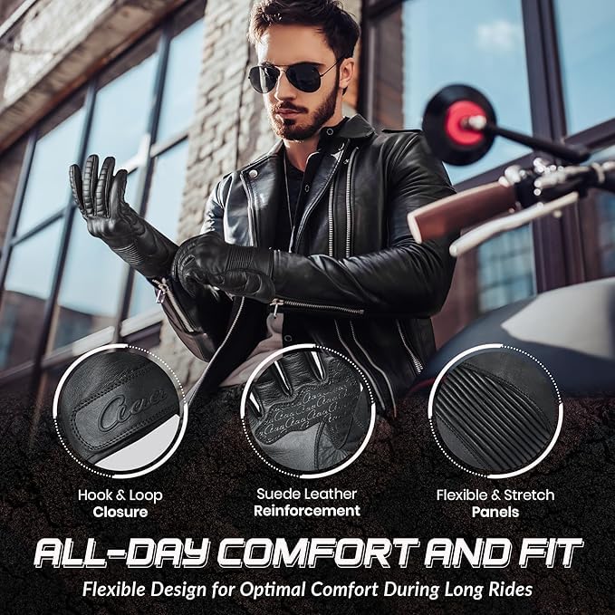 Hand Fellow - Guantes de piel para motocicleta, compatibles con pantalla táctil, con protección de nudillos