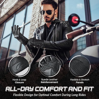 Hand Fellow - Guantes de piel para motocicleta, compatibles con pantalla táctil, con protección de nudillos