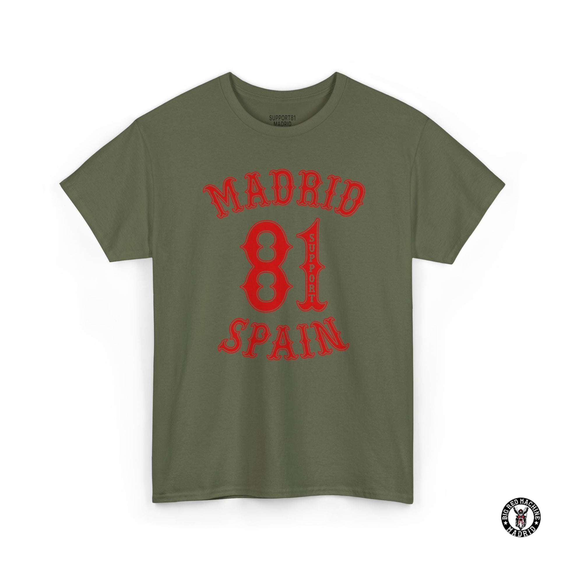 Military Green Madrid Support 81 Spain Heavy Cotton Motorcycle T-Shirt - Biker Graphic Tee