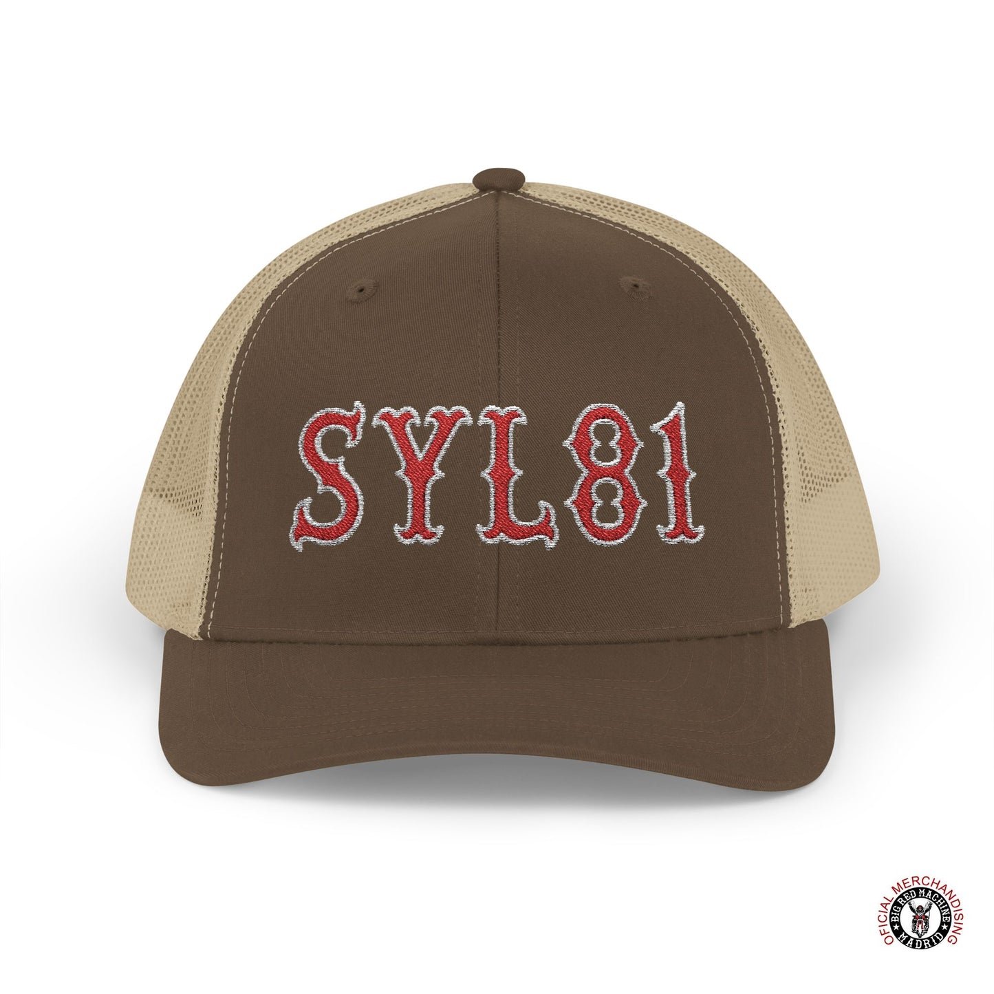 SYL81 Embroidered Letters Snapback Trucker Cap Red With White Outline Support81