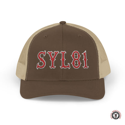 SYL81 Embroidered Letters Snapback Trucker Cap Red With White Outline Support81