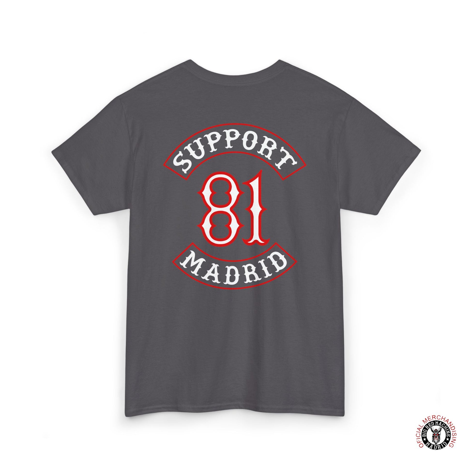 Grey Back Support 81 Madrid Patch Work T-Shirt Red And White Motorcycle Tee