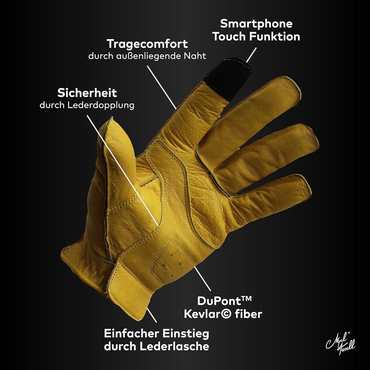 Mycl Turell Easy Rider - Guantes de moto para hombre, piel auténtica, con refuerzo de aramida, sencillos y elegantes, aspecto retro vintage (amarillo, 4XL)