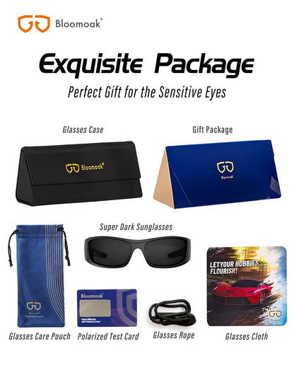Bloomoak Gafas de sol polarizadas negras con lentes súper oscuras | Gafas de sol deportivas envolventes unisex | UV400 | CAT 4 | Para fotofobia (ojos sensibles)