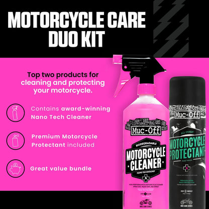 Muc-Off Kit Dúo de Cuidados para Moto - Kit de limpieza de Motos - Limpia y Protege tu Moto - Incluye 1 Litro de Limpiador de Motos y 500 Ml de Protector de Moto