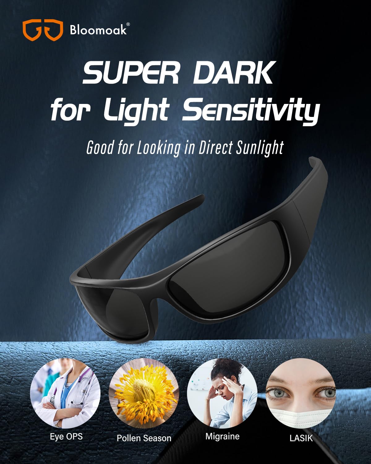 Bloomoak Gafas de sol polarizadas negras con lentes súper oscuras | Gafas de sol deportivas envolventes unisex | UV400 | CAT 4 | Para fotofobia (ojos sensibles)
