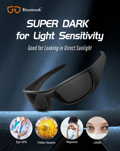 Bloomoak Gafas de sol polarizadas negras con lentes súper oscuras | Gafas de sol deportivas envolventes unisex | UV400 | CAT 4 | Para fotofobia (ojos sensibles)