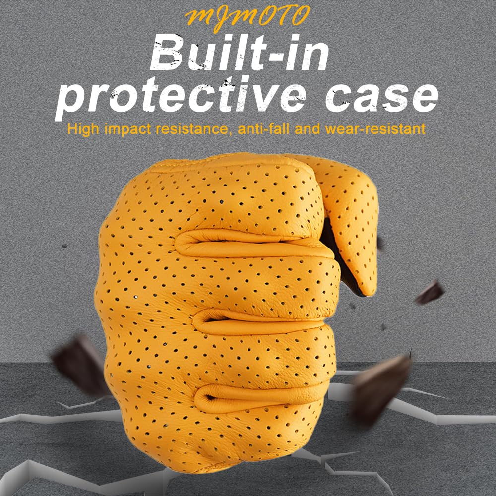mjmoto Guantes de Moto Clásicos Amarillos de Piel de Cabra con Agujero, para Verano, Ciclismo, Equitación, Guantes Protectores para Motociclistas (Yellow, L)