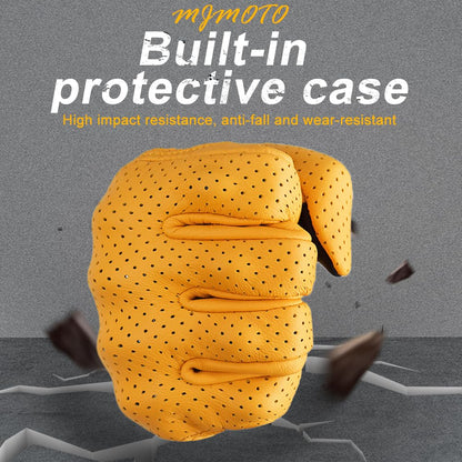 mjmoto Guantes de Moto Clásicos Amarillos de Piel de Cabra con Agujero, para Verano, Ciclismo, Equitación, Guantes Protectores para Motociclistas (Yellow, L)