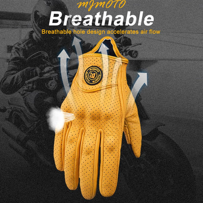 mjmoto Guantes de Moto Clásicos Amarillos de Piel de Cabra con Agujero, para Verano, Ciclismo, Equitación, Guantes Protectores para Motociclistas (Yellow, L)