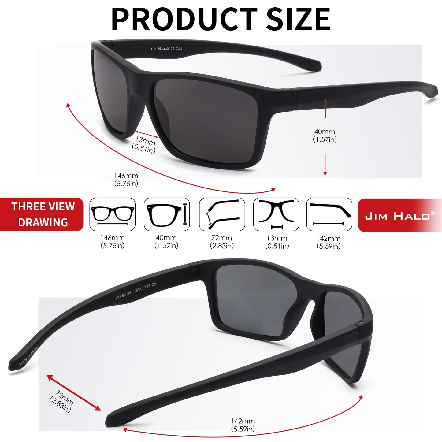 JIM HALO Polarizadas Deportivas Gafas de Sol de Espejo Wrap Alrededor Conducir Pescar Hombre Mujer(Negro/Gris Espejo)