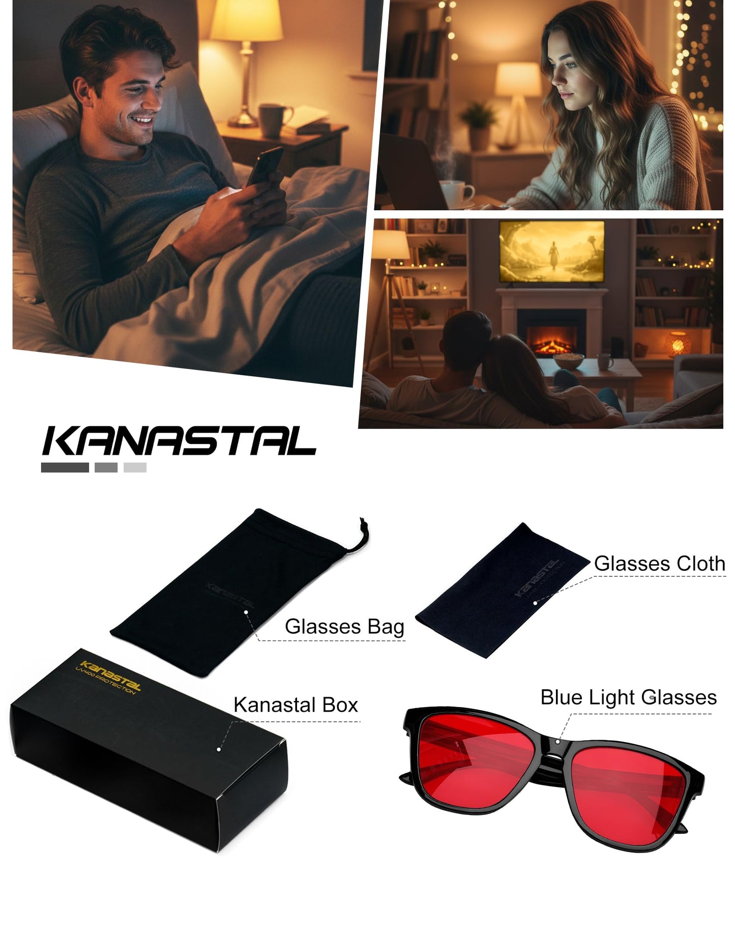 KANASTAL Gafas Luz Azul Rojo Hombre Mujer Filtro Azul Gaming Ordenador Pantallas Dormir Bloqueadoras Red Light Glasses - Montura Negras Con Lentes Rojas
