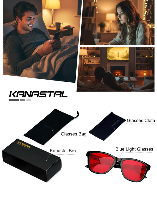 KANASTAL Gafas Luz Azul Rojo Hombre Mujer Filtro Azul Gaming Ordenador Pantallas Dormir Bloqueadoras Red Light Glasses - Montura Negras Con Lentes Rojas