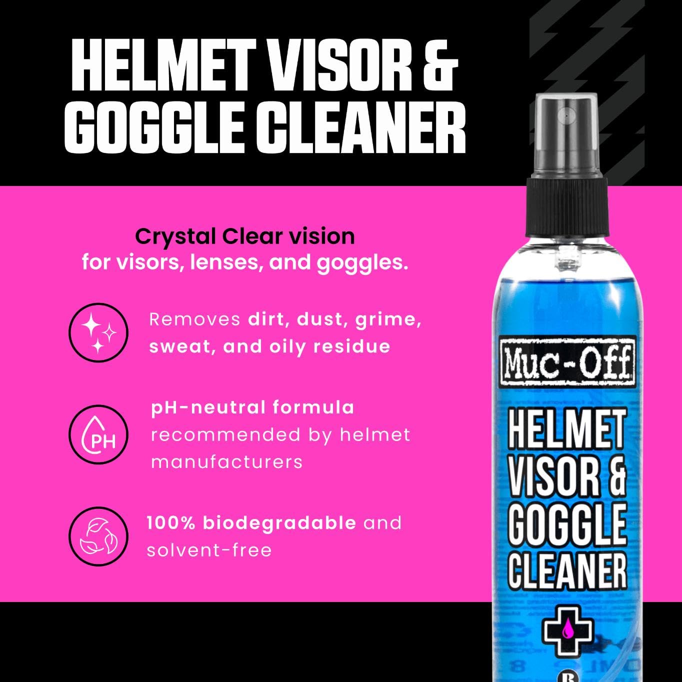 Muc-Off Limpiador de Casco, Visera y Gafas de Ciclismo, 250 Ml - Spray de Limpieza Biodegradable y Antibacteriano para Casco de Bicicleta, Casco de Moto y Gafas