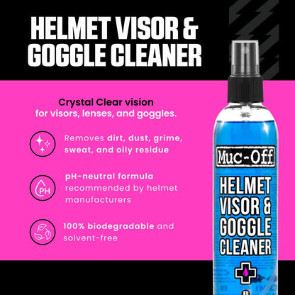 Muc-Off Limpiador de Casco, Visera y Gafas de Ciclismo, 250 Ml - Spray de Limpieza Biodegradable y Antibacteriano para Casco de Bicicleta, Casco de Moto y Gafas
