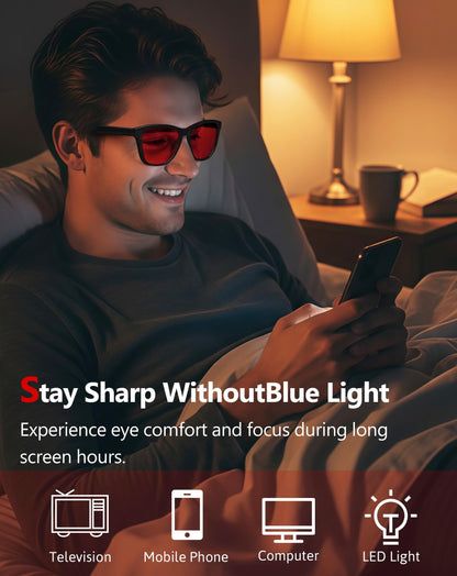 KANASTAL Gafas Luz Azul Rojo Hombre Mujer Filtro Azul Gaming Ordenador Pantallas Dormir Bloqueadoras Red Light Glasses - Montura Negras Con Lentes Rojas